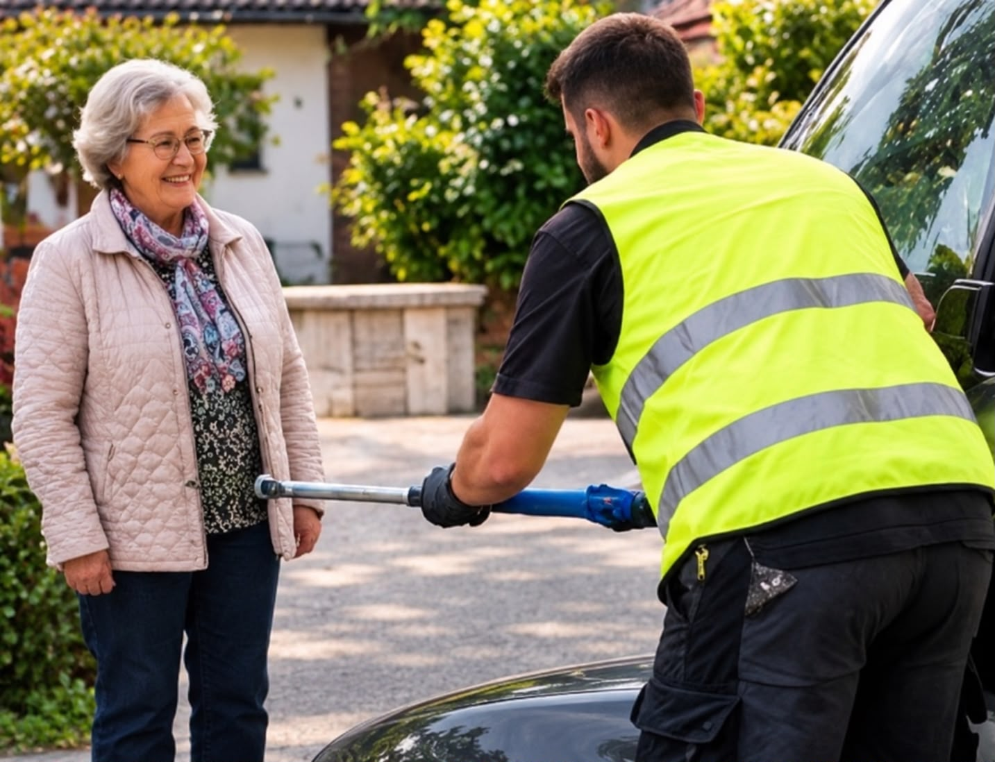 CT-Reifenservice-Mitarbeiter hilft einer älteren Kundin beim Räderwechsel
